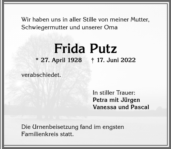 Traueranzeige von Frida Putz von Allgäuer Anzeigeblatt