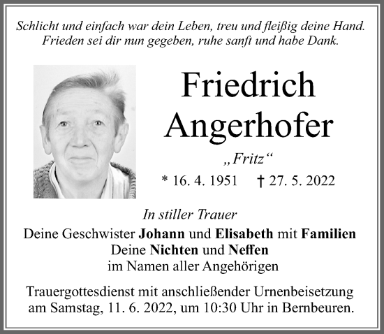 Traueranzeige von Friedrich Angerhofer von Allgäuer Zeitung, Füssen