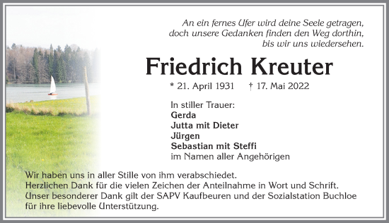 Traueranzeige von Friedrich Kreuter von Allgäuer Zeitung, Kaufbeuren/Buchloe