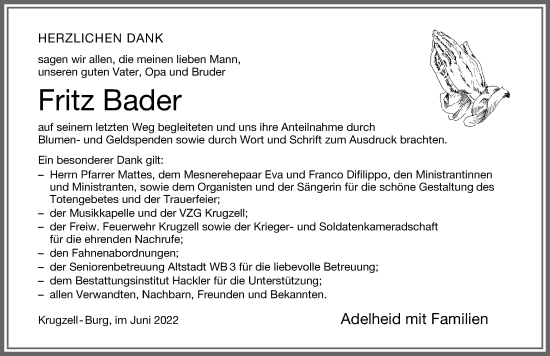 Traueranzeige von Fritz Bader von Allgäuer Zeitung,Kempten