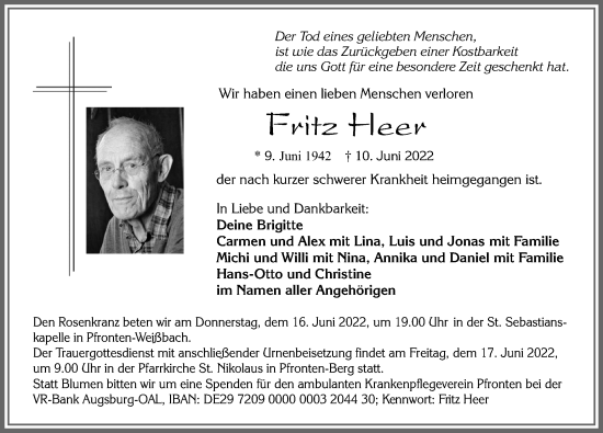 Traueranzeige von Fritz Heer von Allgäuer Zeitung, Füssen