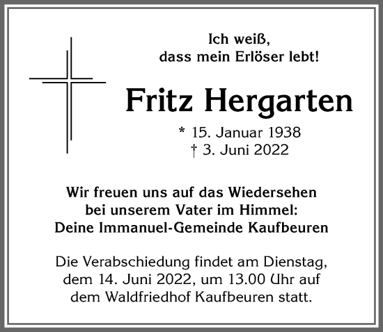 Traueranzeige von Fritz Hergarten von Allgäuer Zeitung, Kaufbeuren/Buchloe