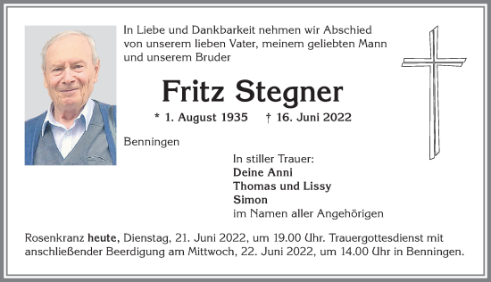 Traueranzeige von Fritz Stegner von Memminger Zeitung