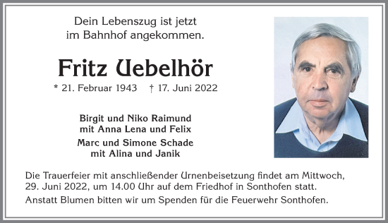 Traueranzeige von Fritz Uebelhör von Allgäuer Anzeigeblatt