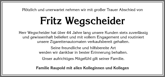 Traueranzeige von Fritz Wegscheider von Allgäuer Anzeigeblatt