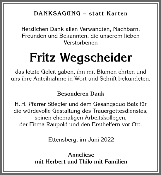 Traueranzeige von Fritz Wegscheider von Allgäuer Anzeigeblatt