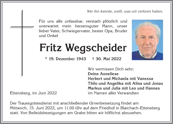 Traueranzeige von Fritz Wegscheider von Allgäuer Anzeigeblatt