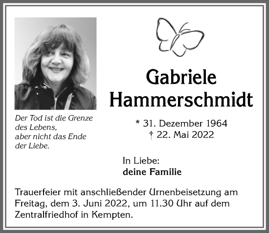 Traueranzeige von Gabriele Hammerschmidt von Allgäuer Zeitung,Kempten