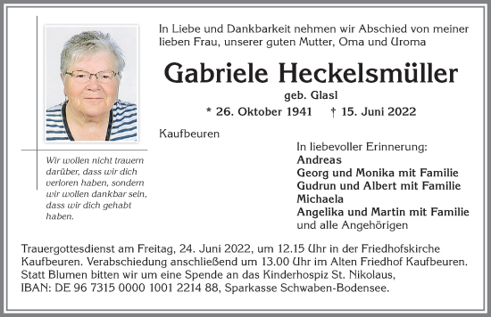 Traueranzeige von Gabriele Heckelsmüller von Allgäuer Zeitung, Kaufbeuren/Buchloe