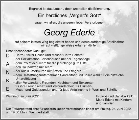 Traueranzeige von Georg Ederle von Illertisser Zeitung, Augsburger Allgemeine