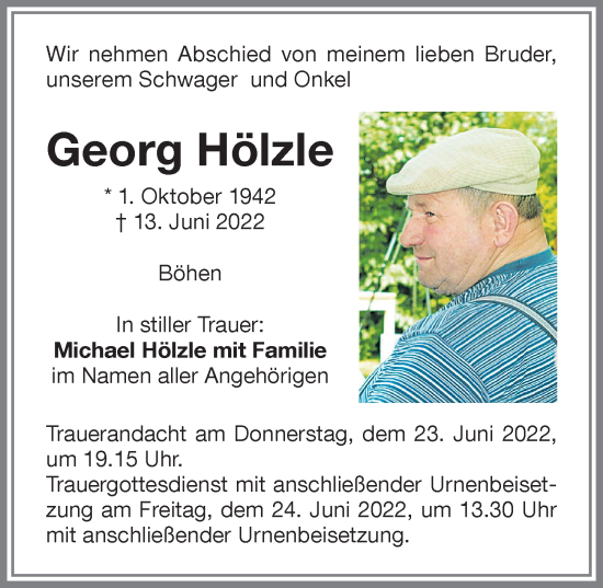 Traueranzeige von Georg Hölzle von Memminger Zeitung