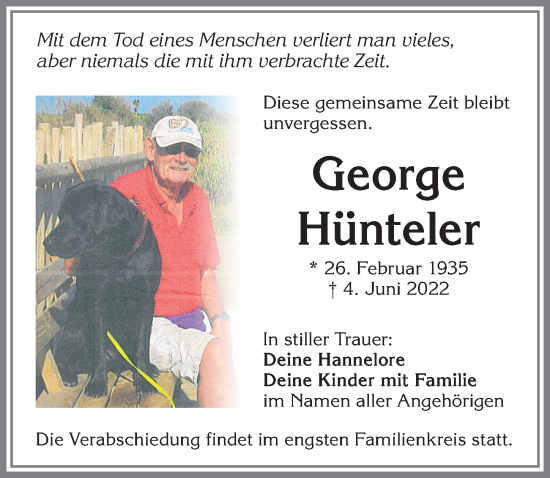 Traueranzeige von George Hünteler von Allgäuer Zeitung,Kempten