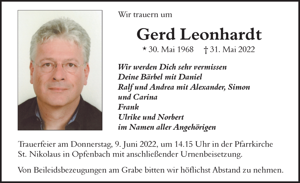  Traueranzeige für Gerd Leonhardt vom 04.06.2022 aus Der Westallgäuer