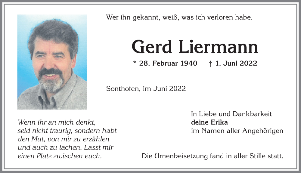  Traueranzeige für Gerd Liermann vom 07.06.2022 aus Allgäuer Anzeigeblatt