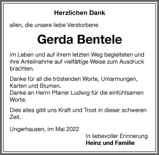 Traueranzeige von Gerda Bentele von Memminger Zeitung