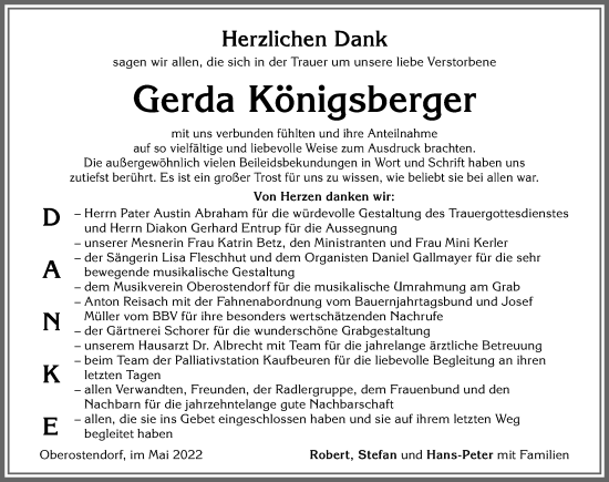 Traueranzeige von Gerda Königsberger von Allgäuer Zeitung, Kaufbeuren/Buchloe