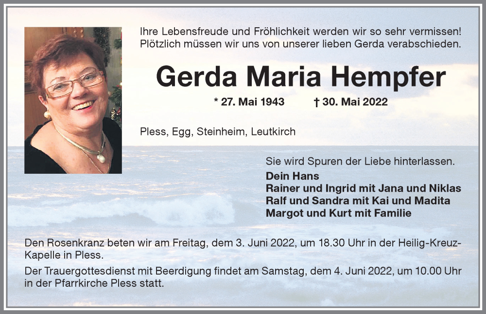 Traueranzeige für Gerda Maria Hempfer vom 01.06.2022 aus Memminger Zeitung