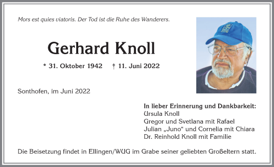 Traueranzeige von Gerhard Knoll von Allgäuer Anzeigeblatt