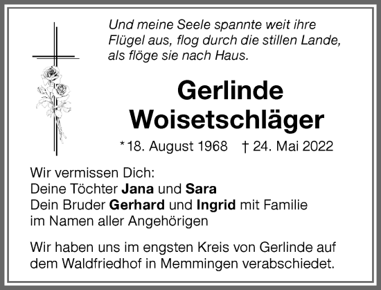 Traueranzeige von Gerlinde Woisetschläger von Memminger Zeitung