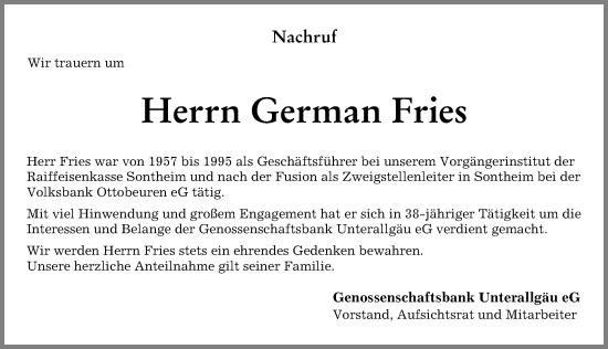 Traueranzeige von German Fries von Memminger Zeitung