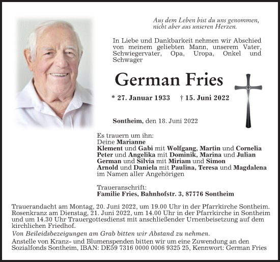 Traueranzeige von German Fries von Memminger Zeitung