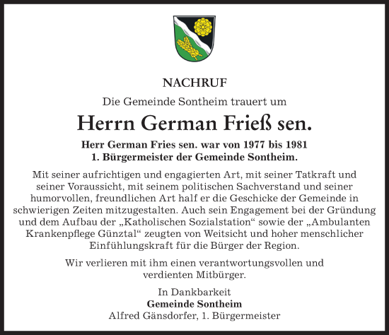 Traueranzeige von German Frieß von Memminger Zeitung