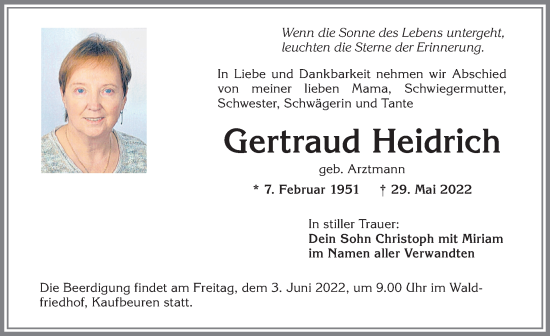 Traueranzeige von Gertraud Heidrich von Allgäuer Zeitung, Kaufbeuren/Buchloe