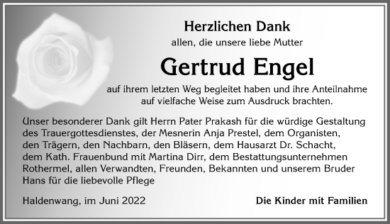 Traueranzeige von Gertrud Engel von Allgäuer Zeitung,Kempten