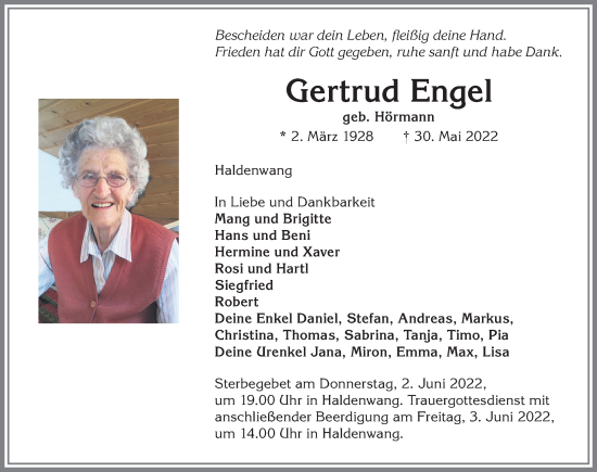 Traueranzeige von Gertrud Engel von Allgäuer Zeitung,Kempten