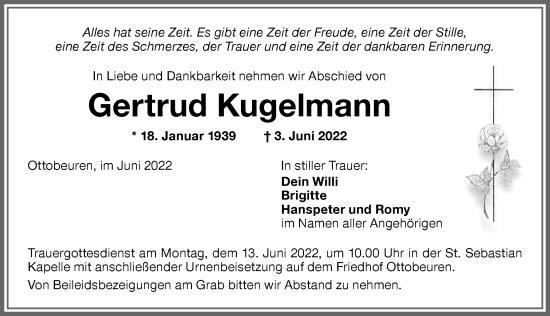 Traueranzeige von Gertrud Kugelmann von Memminger Zeitung