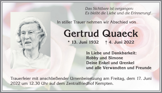 Traueranzeige von Gertrud Quaeck von Allgäuer Zeitung,Kempten