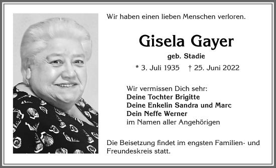 Traueranzeige von Gisela Gayer von Memminger Zeitung