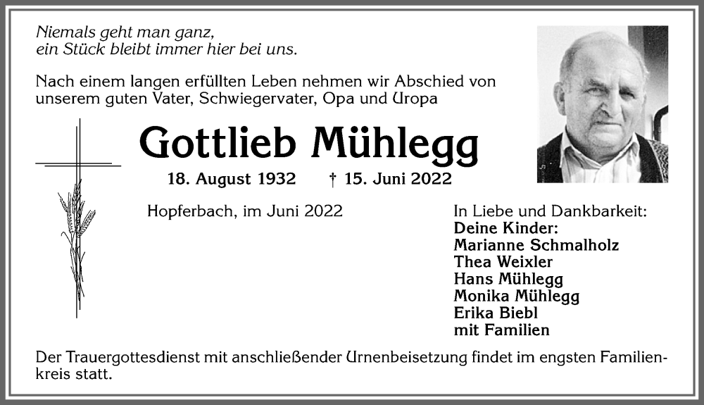  Traueranzeige für Gottlieb Mühlegg vom 23.06.2022 aus Allgäuer Zeitung, Marktoberdorf