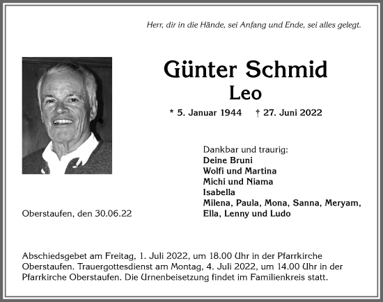 Traueranzeige von Günter Schmid von Allgäuer Anzeigeblatt