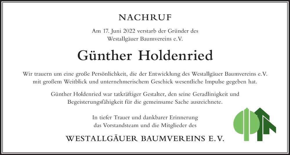 Traueranzeige für Günther Holdenried vom 24.06.2022 aus Allgäuer Zeitung,Kempten