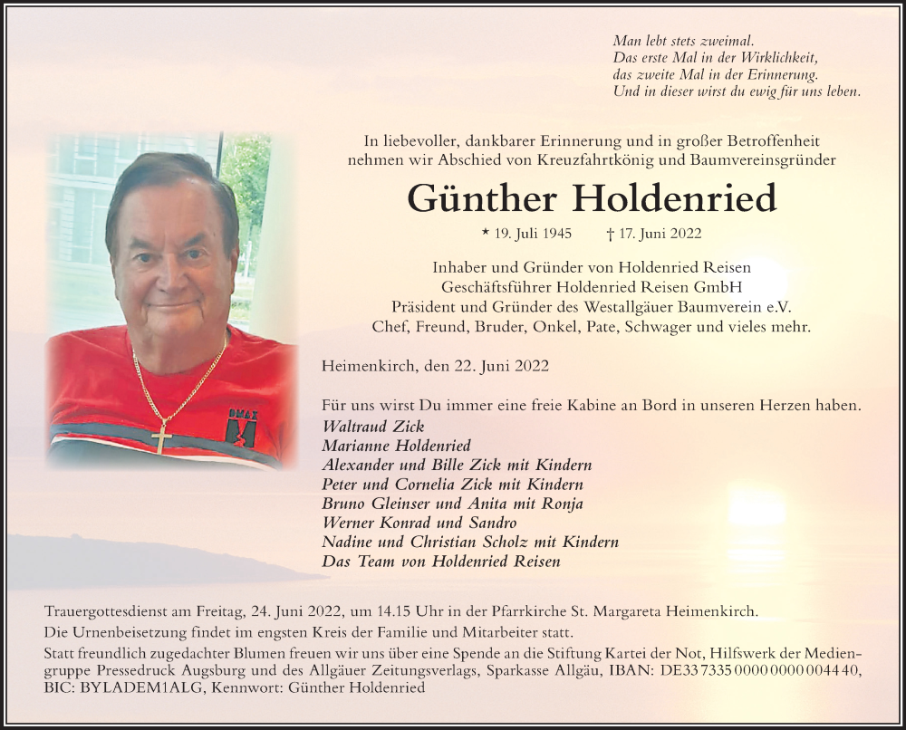  Traueranzeige für Günther Holdenried vom 22.06.2022 aus Allgäuer Zeitung, Gesamtausgabe