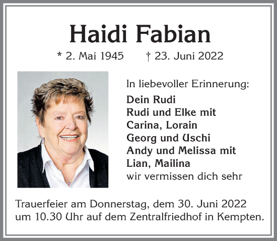 Traueranzeige von Haidi Fabian von Allgäuer Zeitung,Kempten