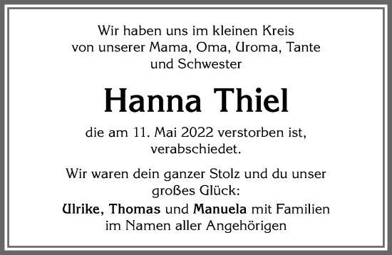 Traueranzeige von Hanna Thiel von Allgäuer Zeitung, Füssen