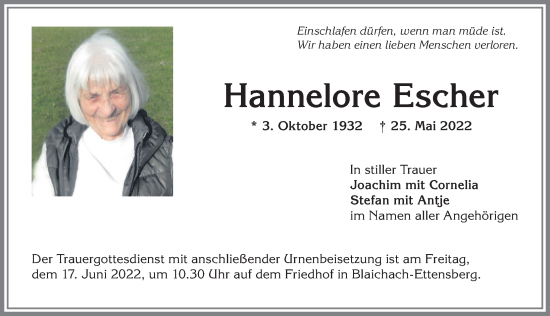 Traueranzeige von Hannelore Escher von Allgäuer Anzeigeblatt