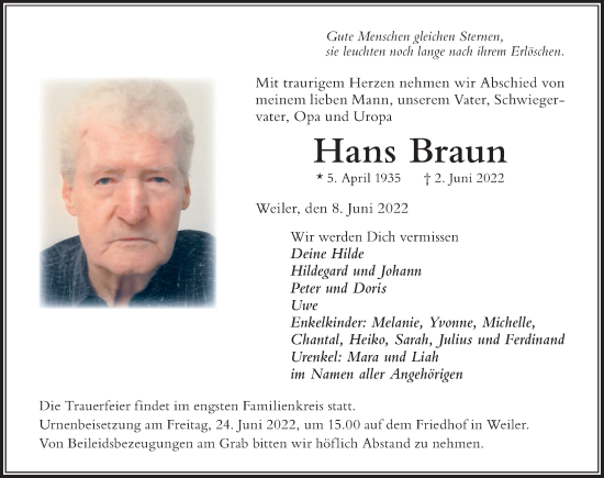 Traueranzeige von Hans Braun von Der Westallgäuer