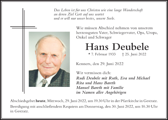 Traueranzeige von Hans Deubele von Der Westallgäuer