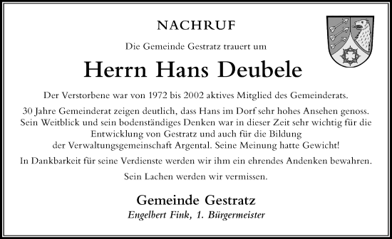 Traueranzeige von Hans Deubele von Der Westallgäuer