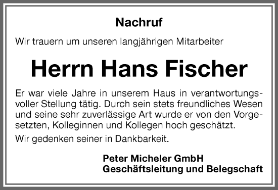 Traueranzeige von Hans Fischer von Memminger Zeitung