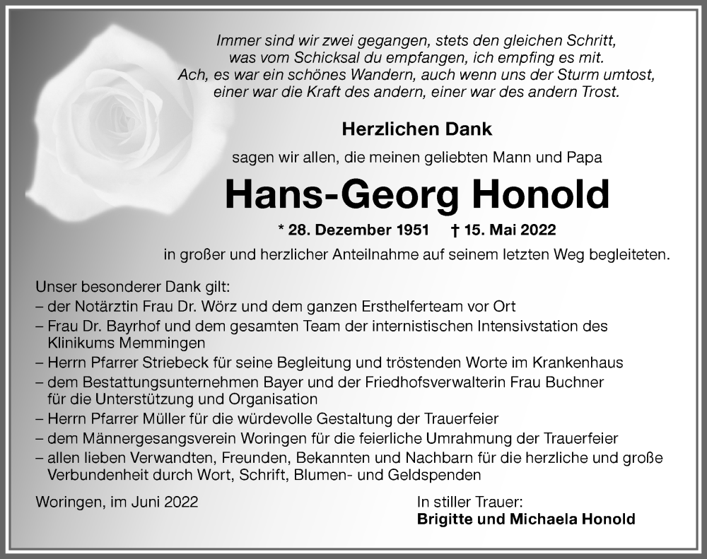 Traueranzeige für Hans-Georg Honold vom 15.06.2022 aus Memminger Zeitung
