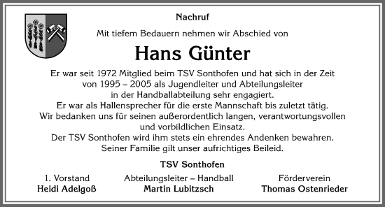 Traueranzeige von Hans Günter von Allgäuer Anzeigeblatt