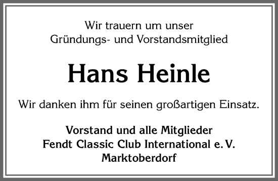 Traueranzeige von Hans Heinle von Allgäuer Zeitung, Marktoberdorf