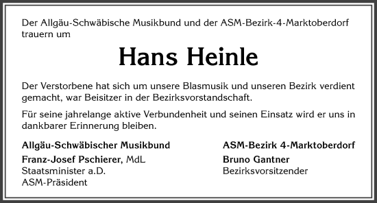 Traueranzeige von Hans Heinle von Allgäuer Zeitung, Marktoberdorf