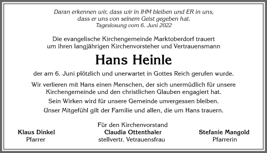 Traueranzeige von Hans Heinle von Allgäuer Zeitung, Marktoberdorf