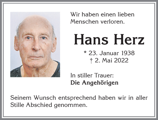 Traueranzeige von Hans Herz von Allgäuer Zeitung,Kempten