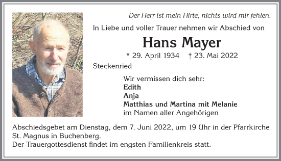 Traueranzeige von Hans Mayer von Allgäuer Zeitung,Kempten